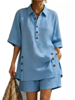 Pocketed Linen Shirt and Shorts Matching Set