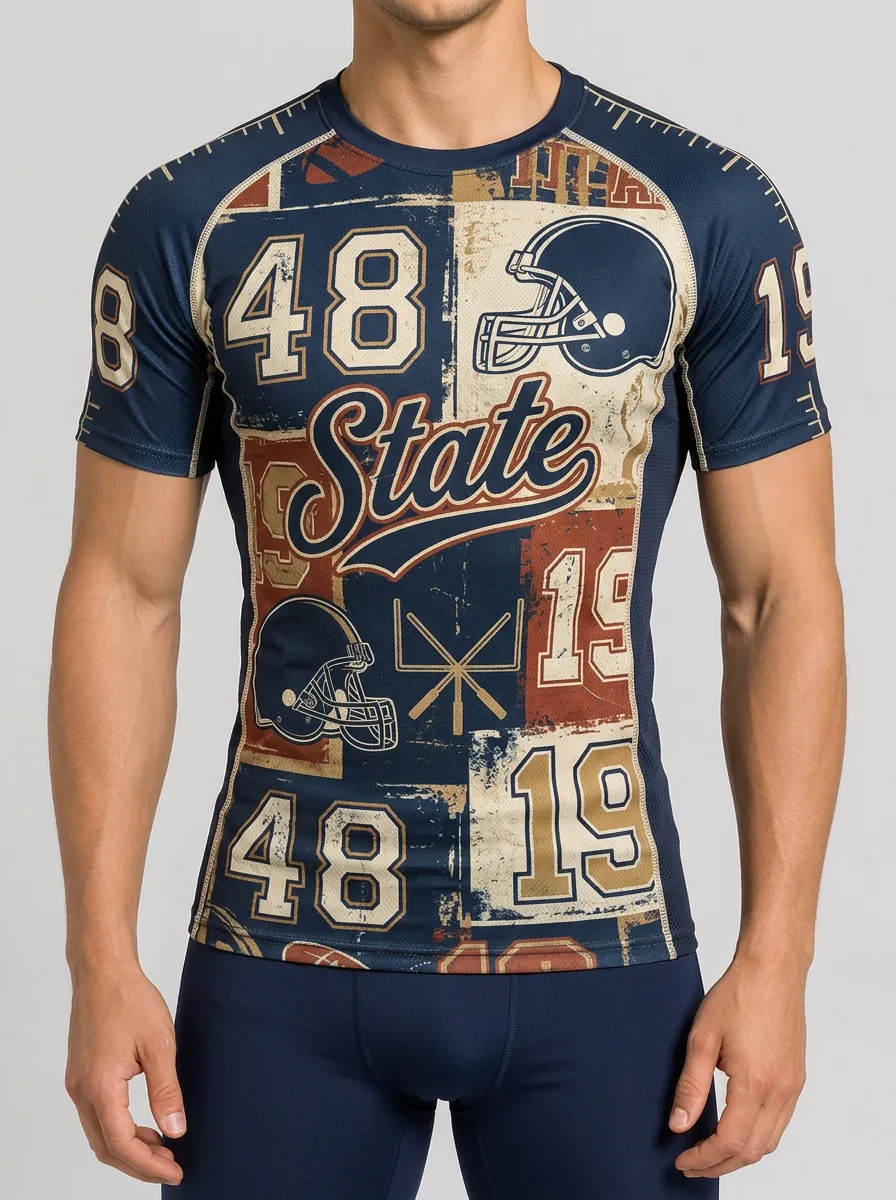 Men's American Football Fan State Helmet Number Printed T-shirt