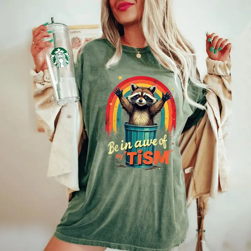 Be In Awe Of My 'Tism Autism Awareness Rainbow Raccoon Women's Oversized Comfort T-Shirt