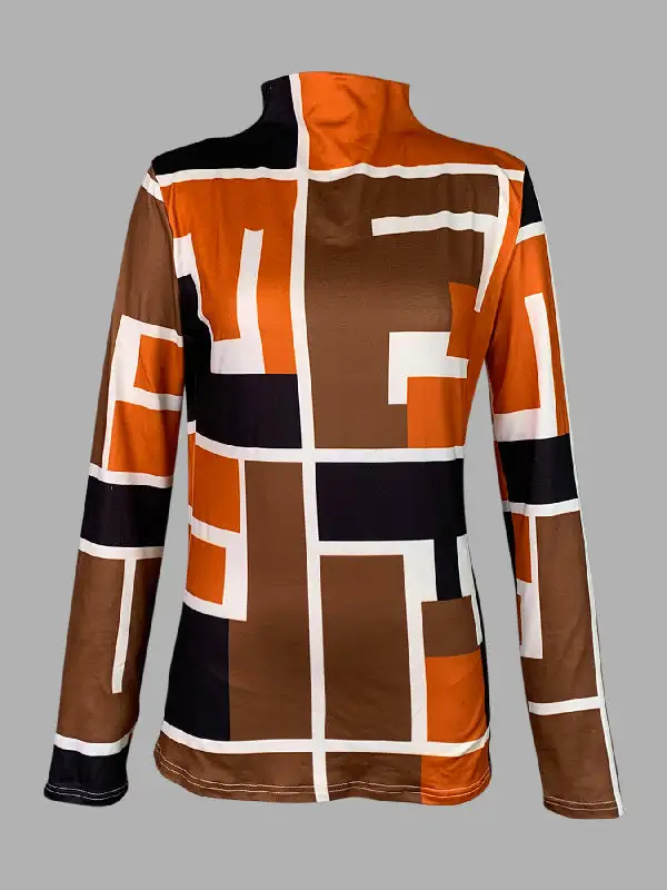 Long Sleeve Slim Fit Geometric Print High Neck T-Shirt