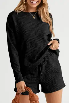 Drawstring Textured Two-Piece Top and Shorts Set