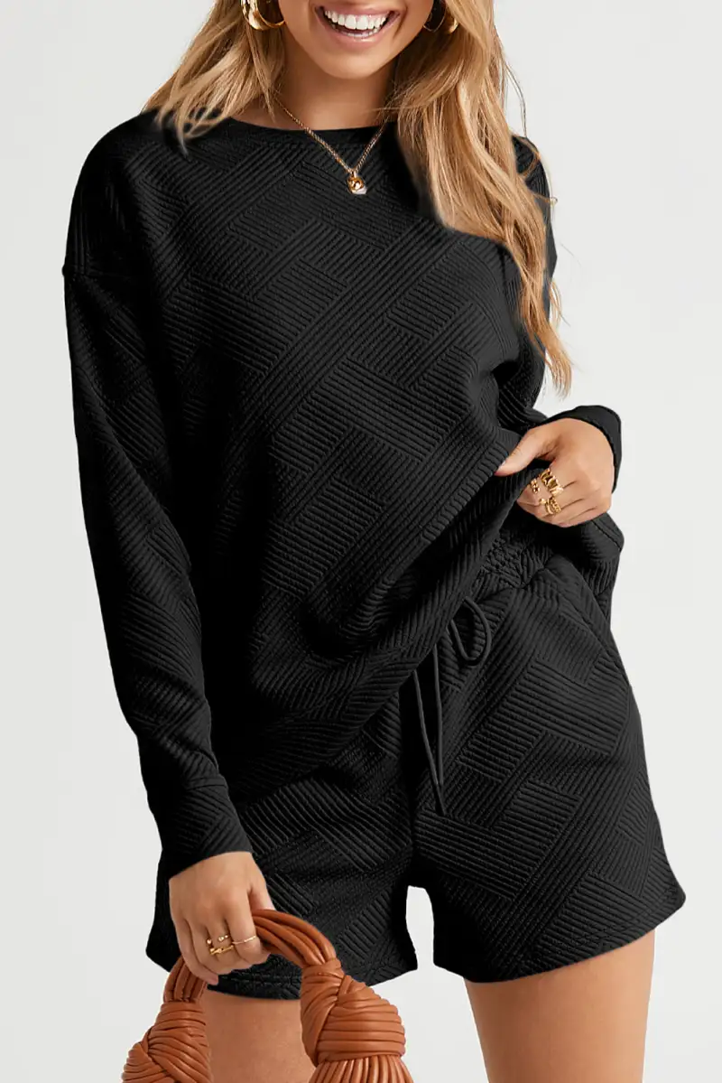 Drawstring Textured Two-Piece Top and Shorts Set