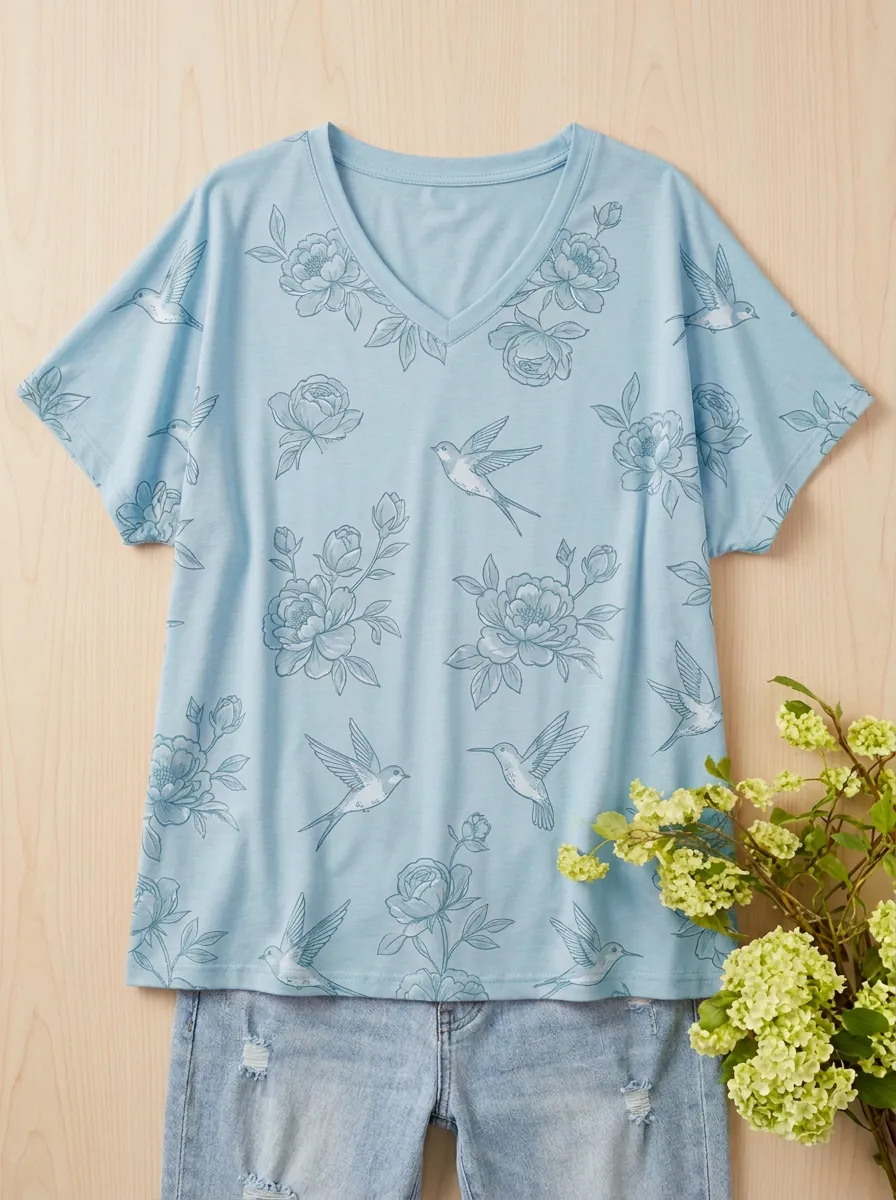Hummingbird Floral V-Neck Women's Loose Printed T-Shirt