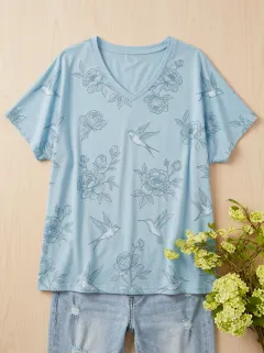 Hummingbird Floral V-Neck Women's Loose Printed T-Shirt