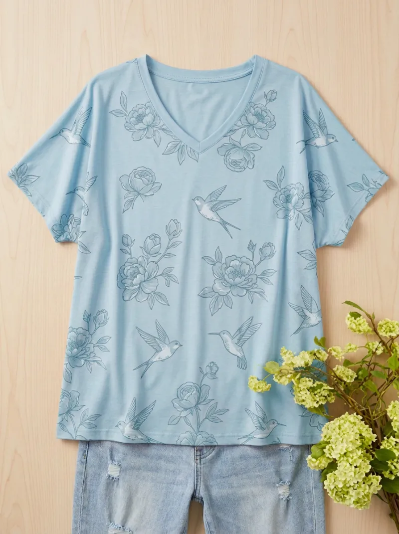 Hummingbird Floral V-Neck Women's Loose Printed T-Shirt