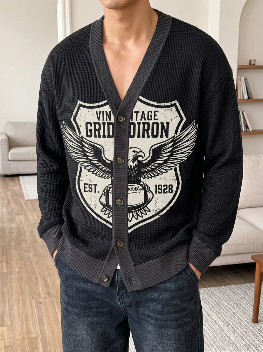Men's Vintage Gridiron Eagle Printed Waffle Knit Cardigan