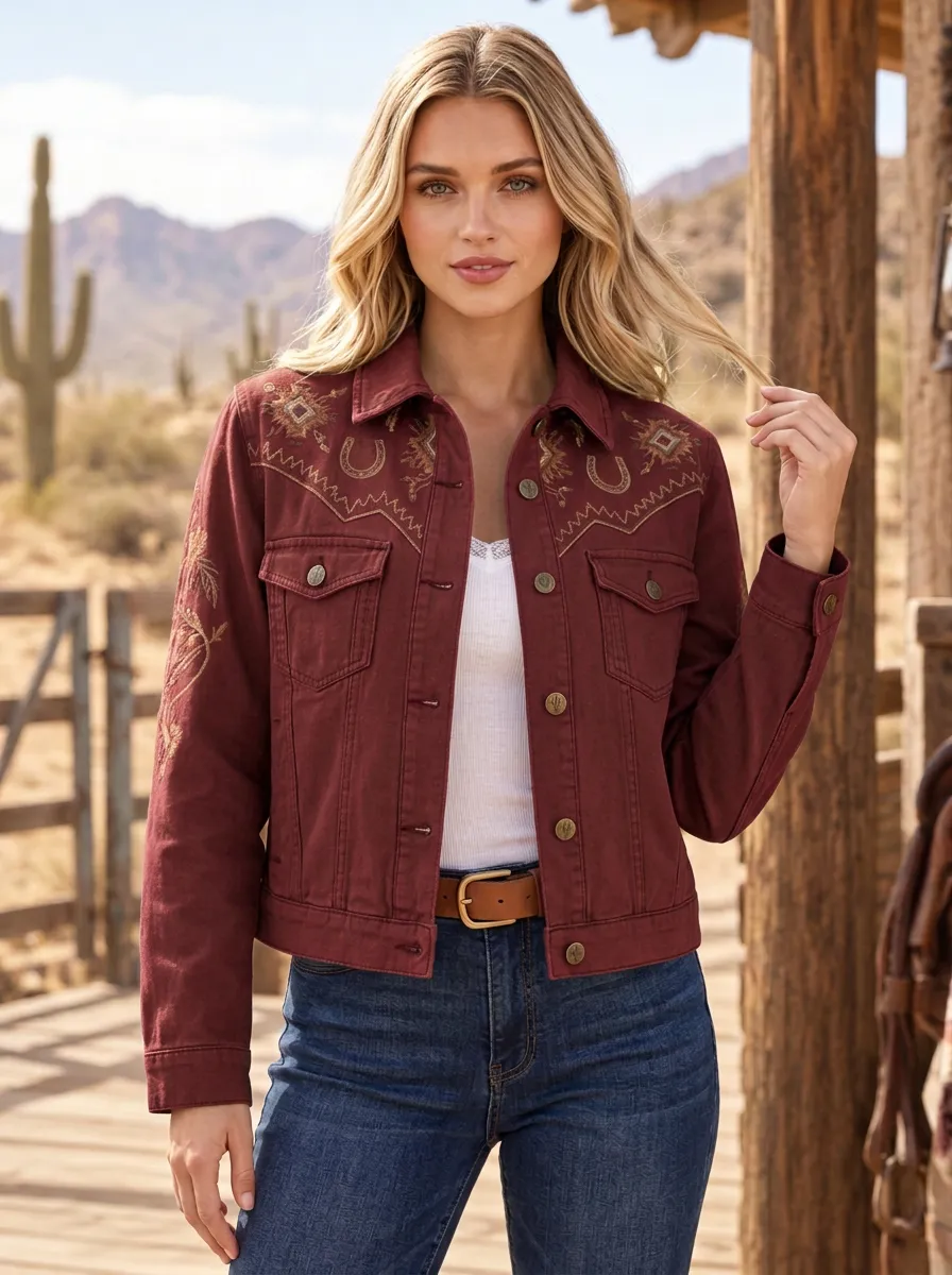 Women's Western Cowboy Horseshoe Horse Embroidered Denim Jacket