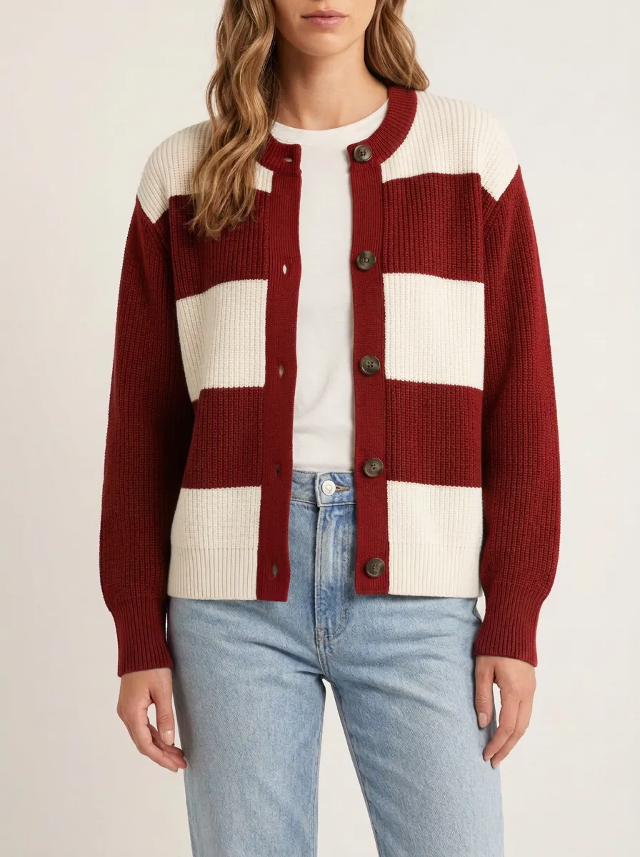 Layered Distinctive Rugby Striped Knit Cardigan