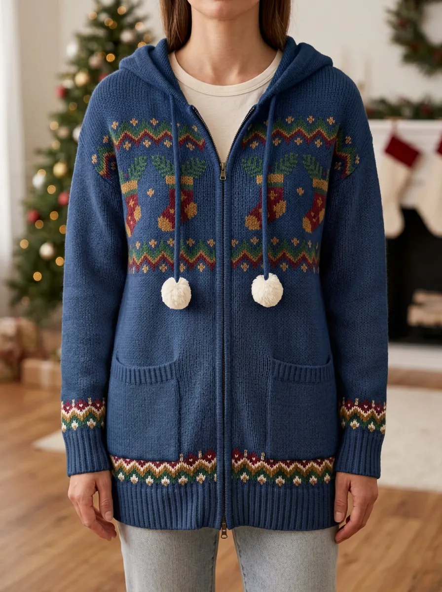 Christmas Stocking Pattern Print Hooded Cardigan