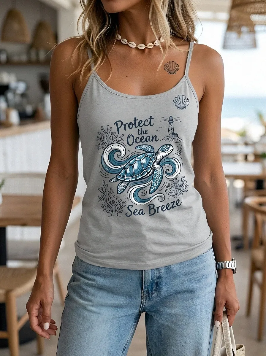 Women's Ocean Lover Sea Turtle Lighthouse Printed Tank Top