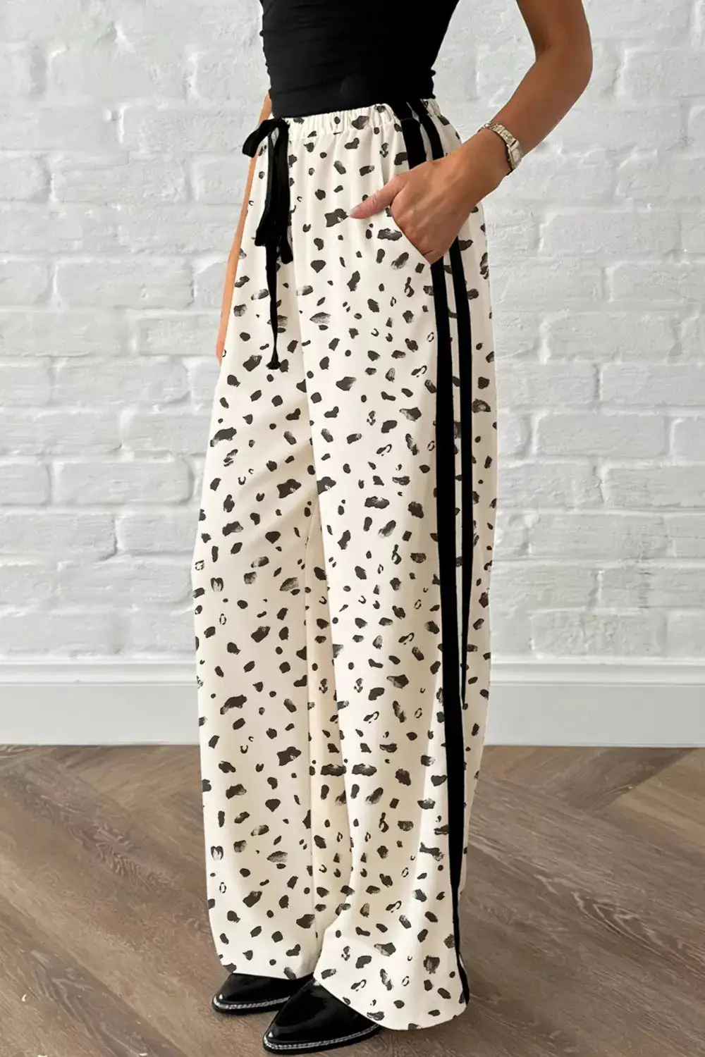 Sequin Leopard Print Drawstring Side Stripe Pants
