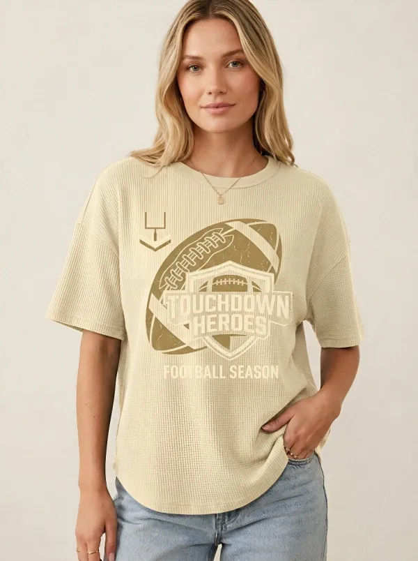 Women's Football Fan Touchdown Heroes Graphic Printed Waffle T-Shirt