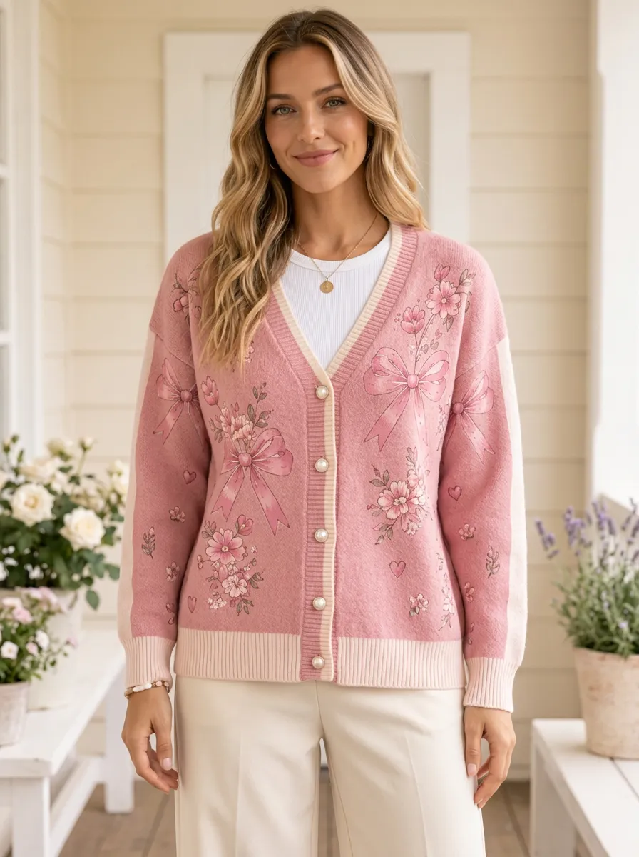 Women's Romantic Floral Coquette Ribbon Bow Printed Cardigan
