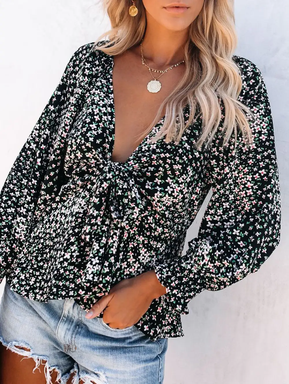 Floral Print V Neck Tie Waist Blouse
