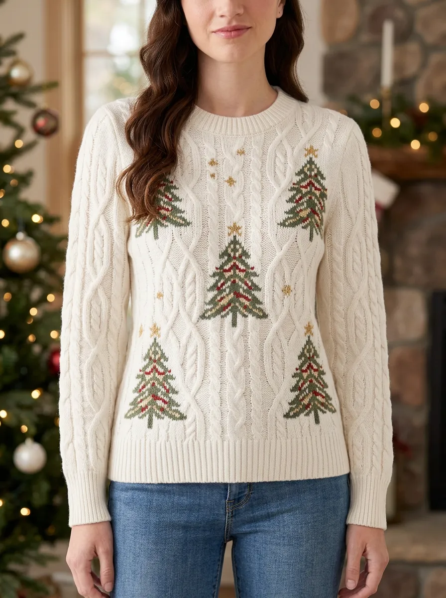 Cozy Christmas Holiday Pine Tree Pattern Knitted Sweater