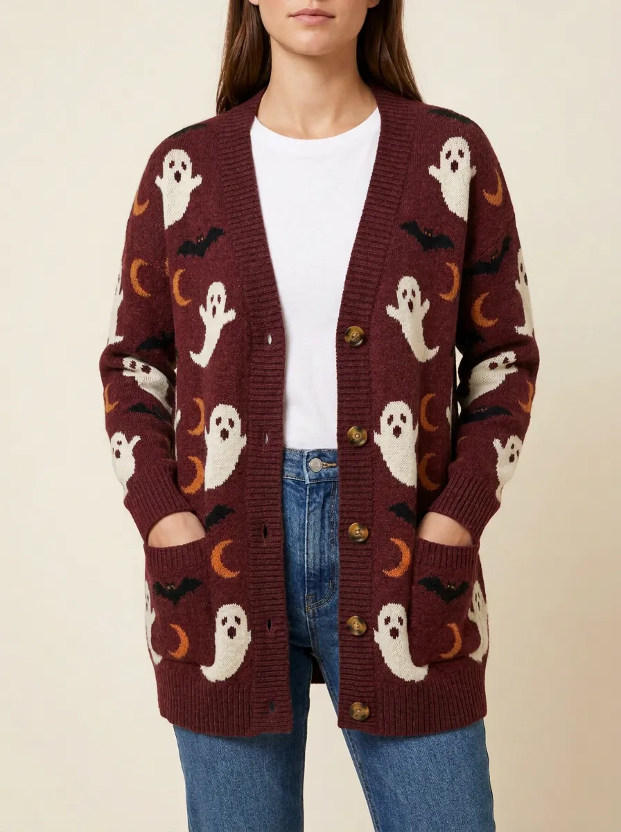 Women's Halloween Ghost Moon Bat Patterned Knit Cardigan
