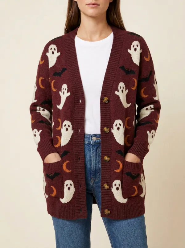 Women's Halloween Ghost Moon Bat Patterned Knit Cardigan