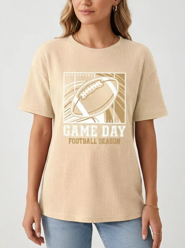 Women's Football Game Day Graphic Printed Waffle Knit T-Shirt