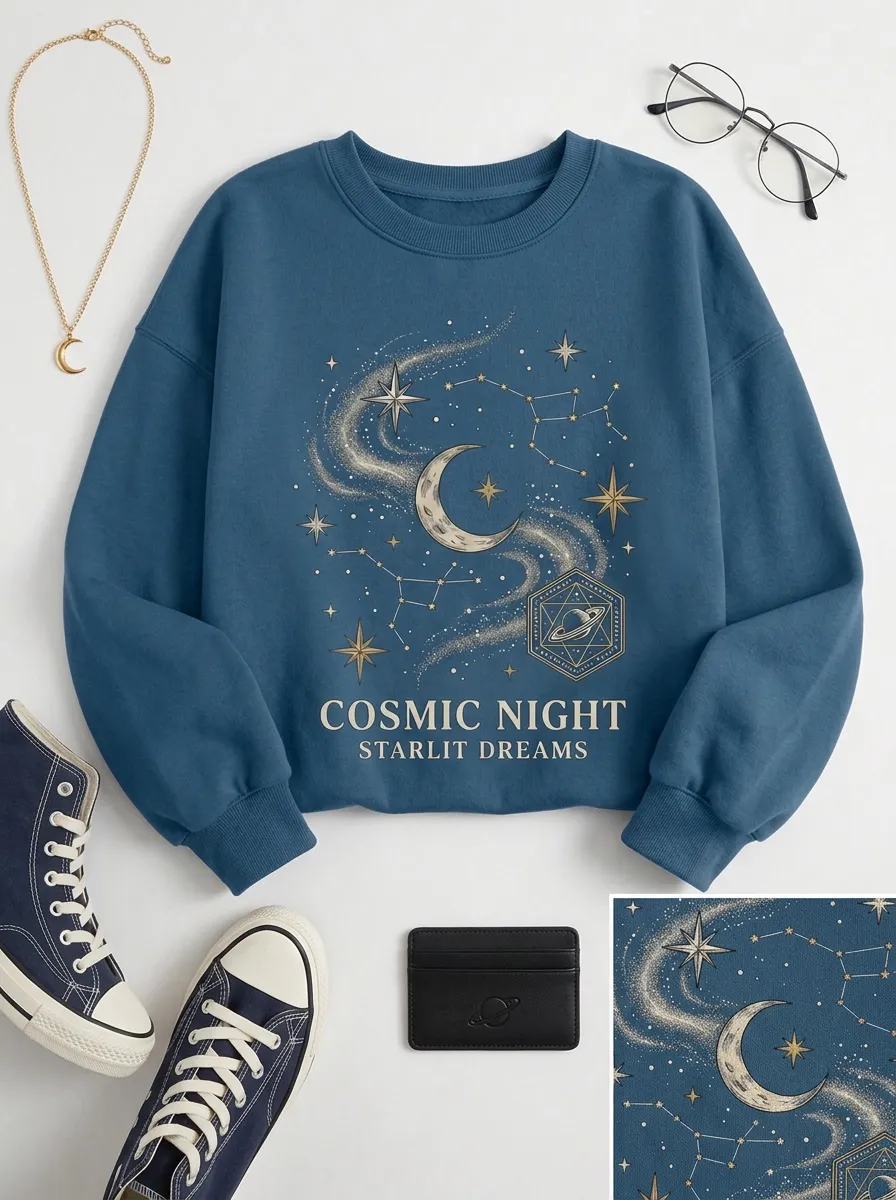 Women's Cosmic Night Starlit Dreams Moon Constellation Printed T-shirt