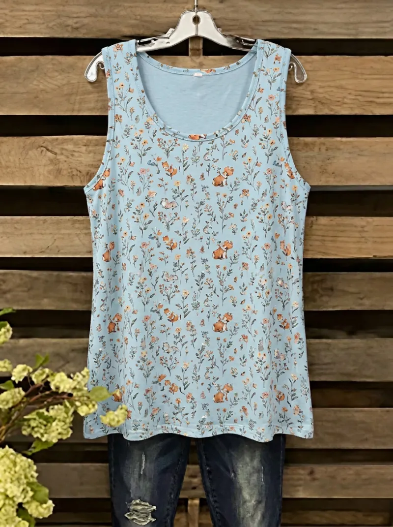 Fox Floral Nature Women's Loose Printed Tank Top
