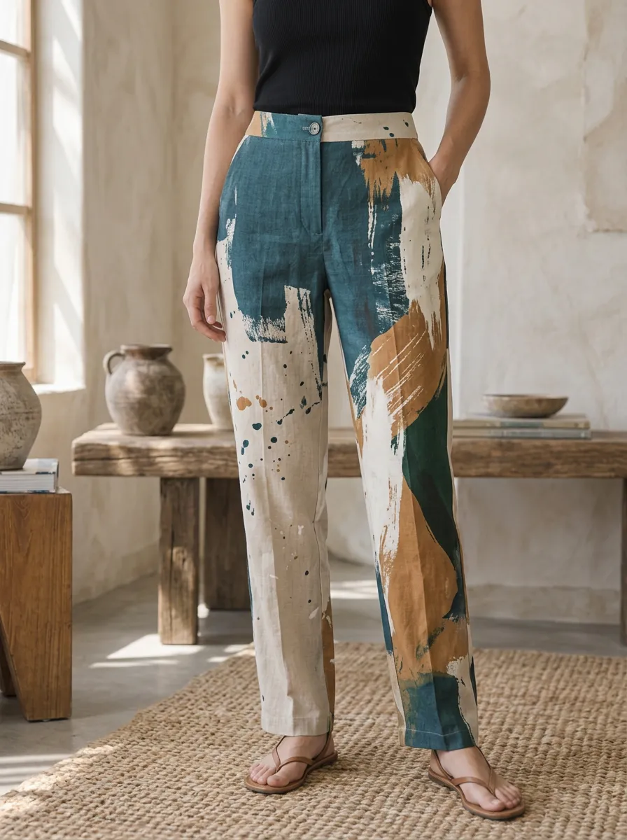 Women's Abstract Art Lover Teal Brown Paint Splatter Printed Pants
