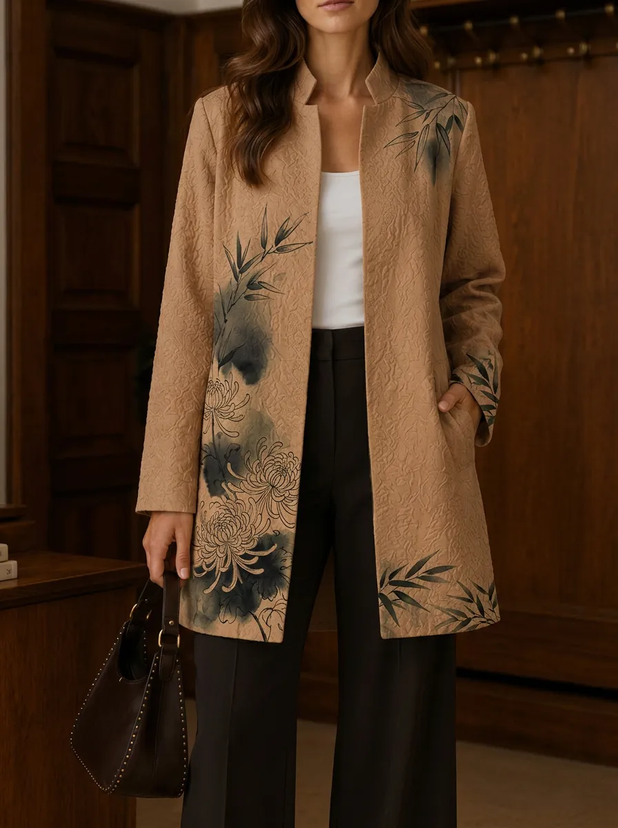 Women's Oriental Floral Bamboo Ink Wash Printed Jacket