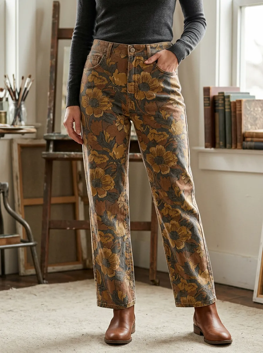 Women's Relaxed Vintage Floral Botanical Printed Pants
