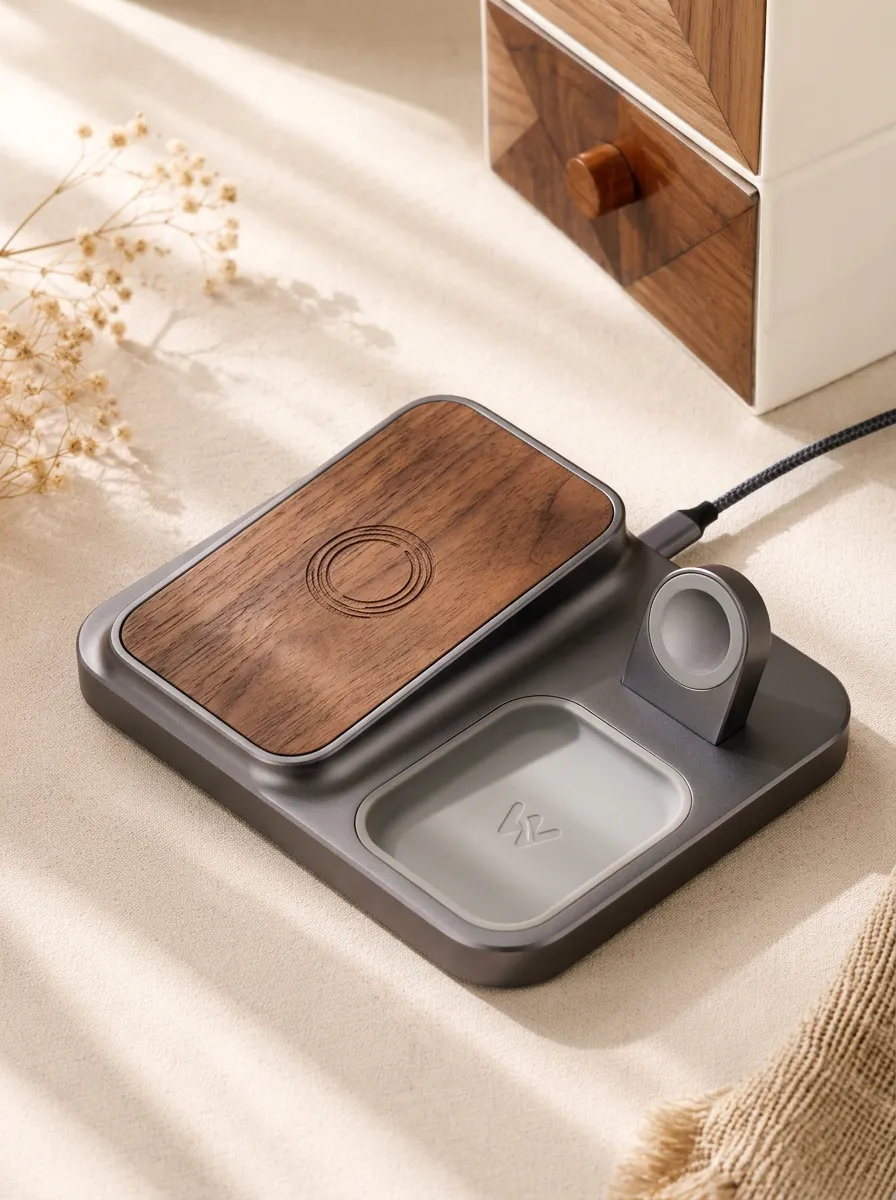 Minimalist Walnut Wood Grain Charging Station