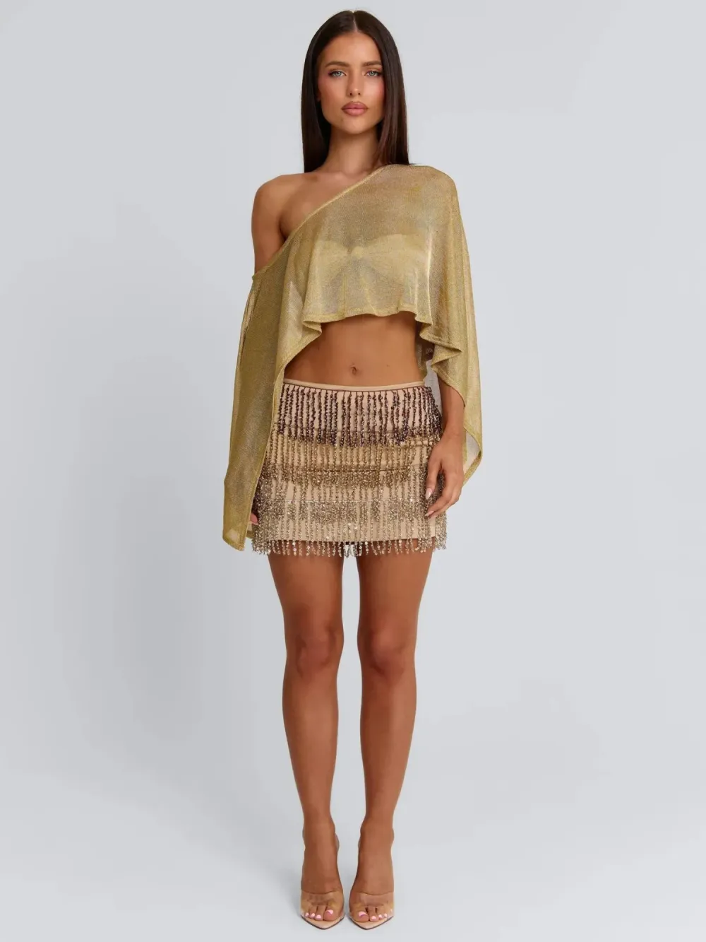 Zaria Gold Metallic Knit Fringe Two Piece Set