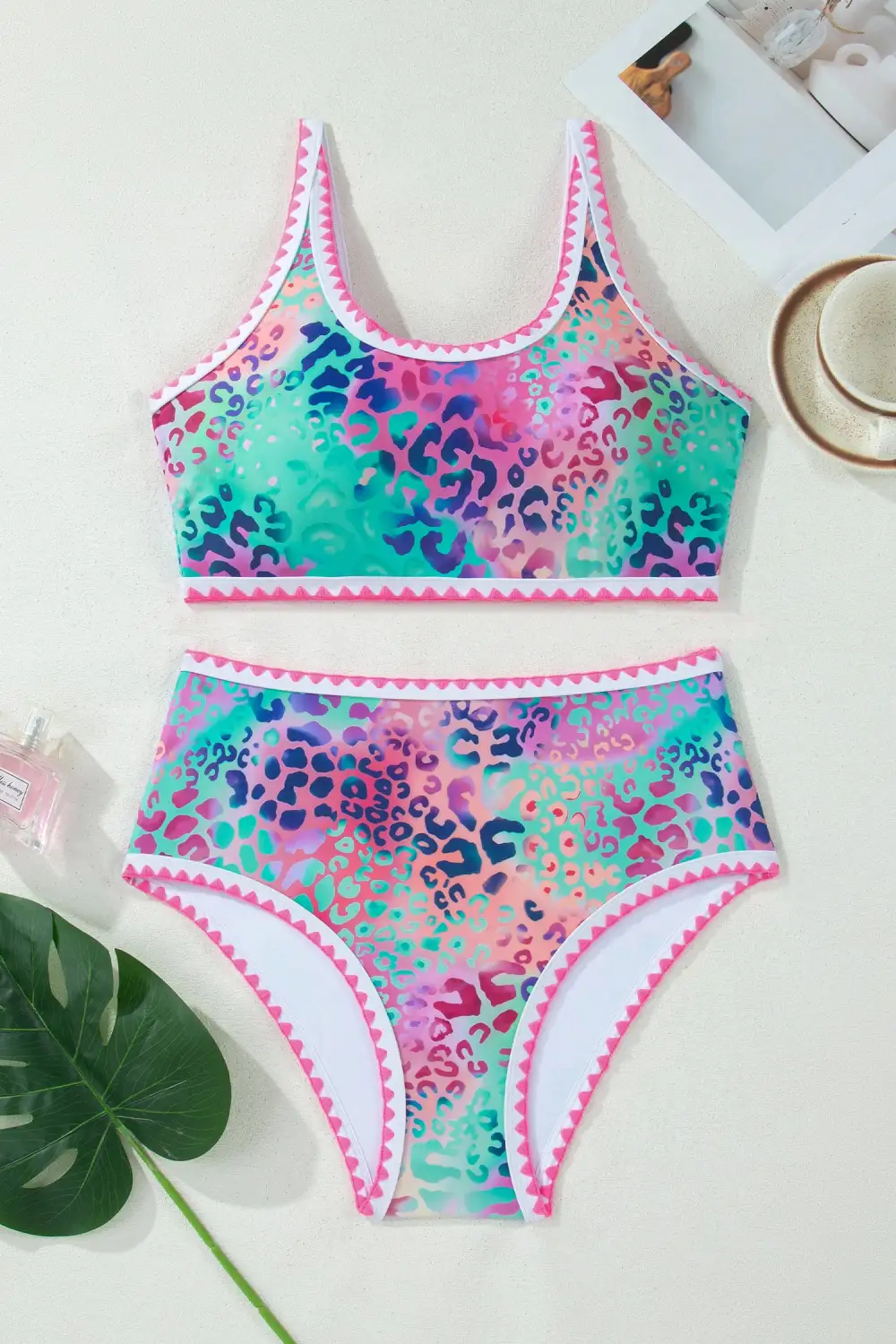 Leopard Ricrac Trim Square Bikini Swim Set