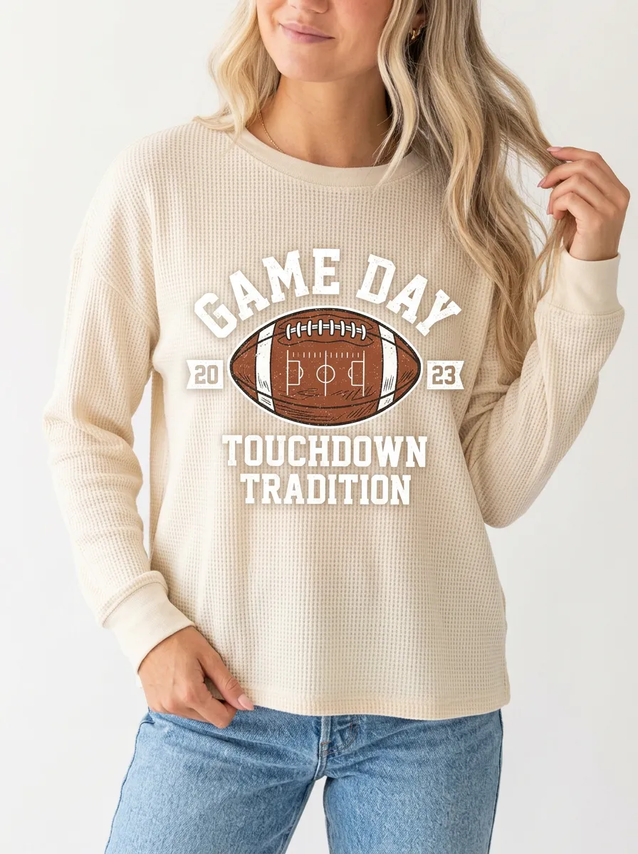 Women's Football Game Day Touchdown Tradition Printed Waffle Sweatshirt