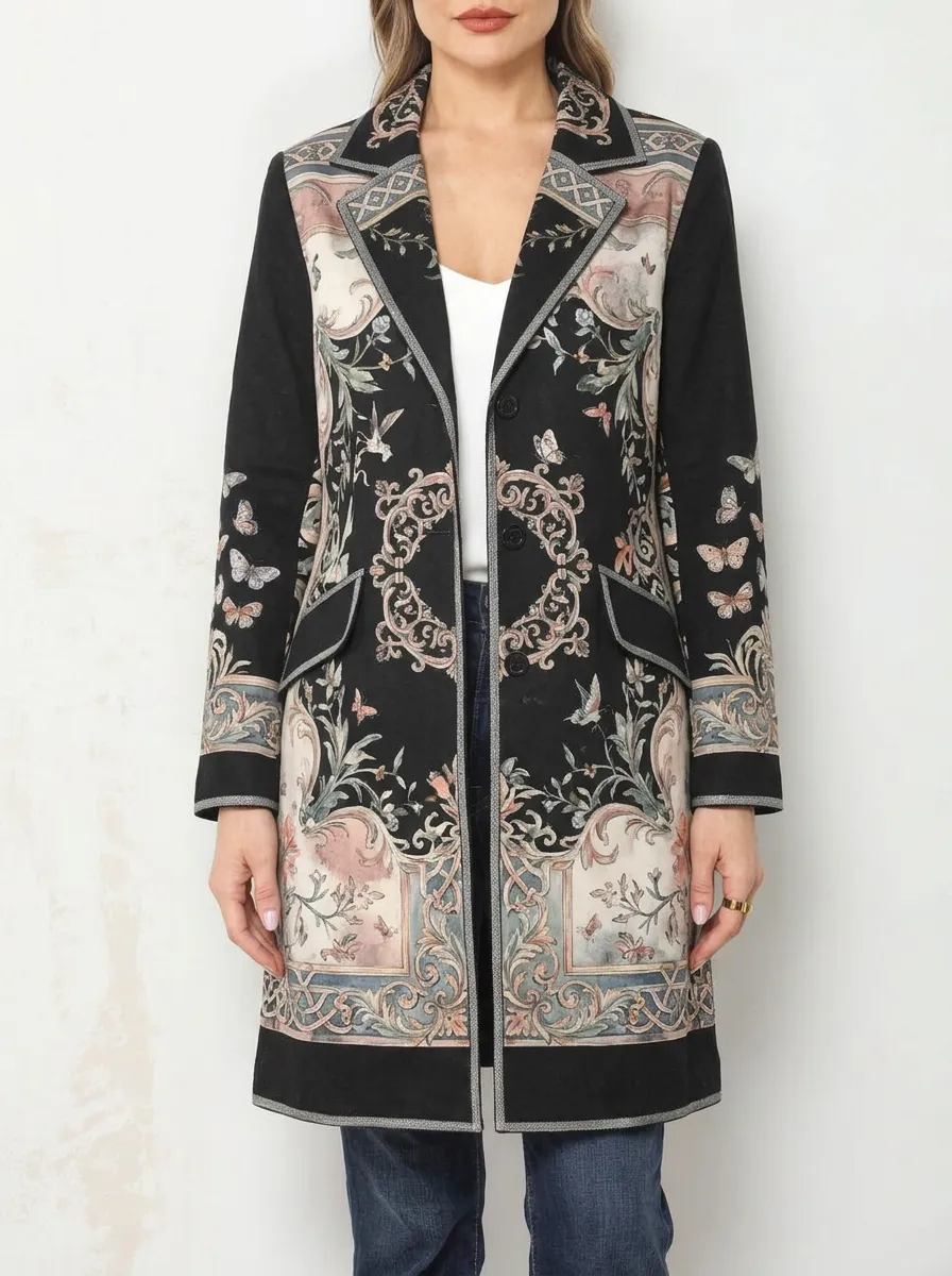 Women's Vintage Floral Butterfly Baroque Printed Long Blazer