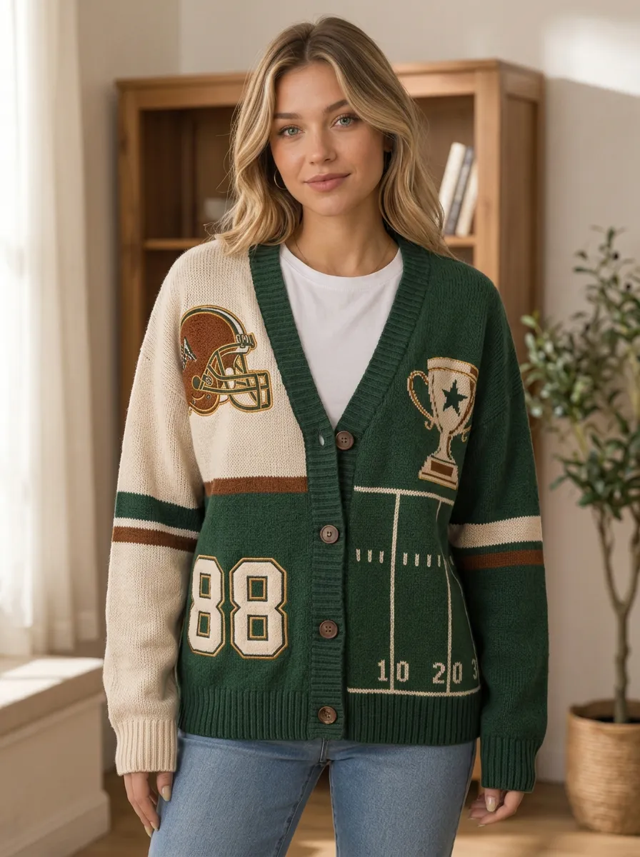 Women's Football Fan Helmet Trophy 88 Pattern Knitted Cardigan