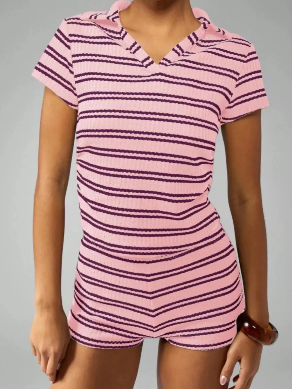Striped Knit Short Sleeve Top Shorts Set