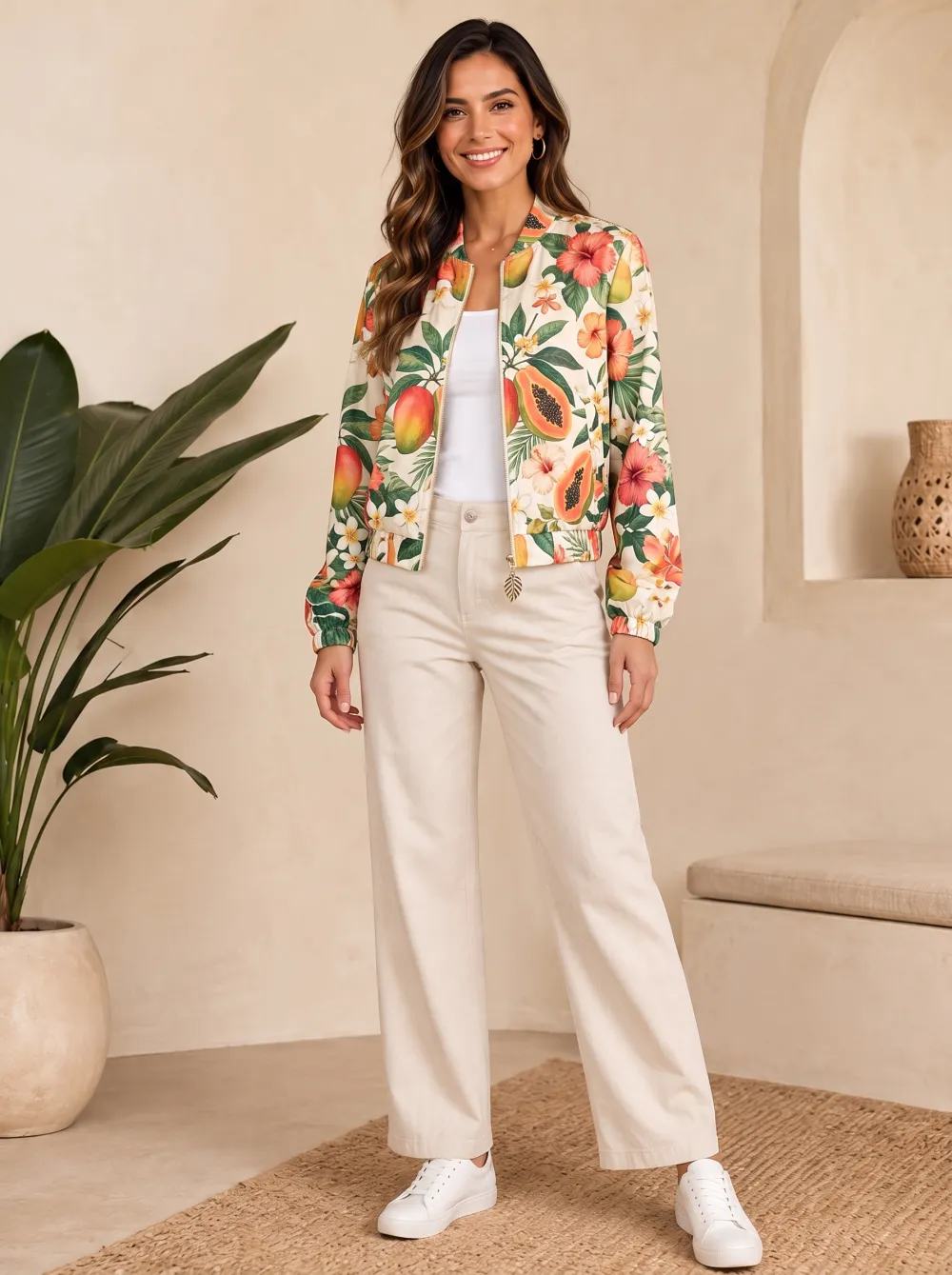 Women's Tropical Fruit Hibiscus Flower Printed Bomber Jacket