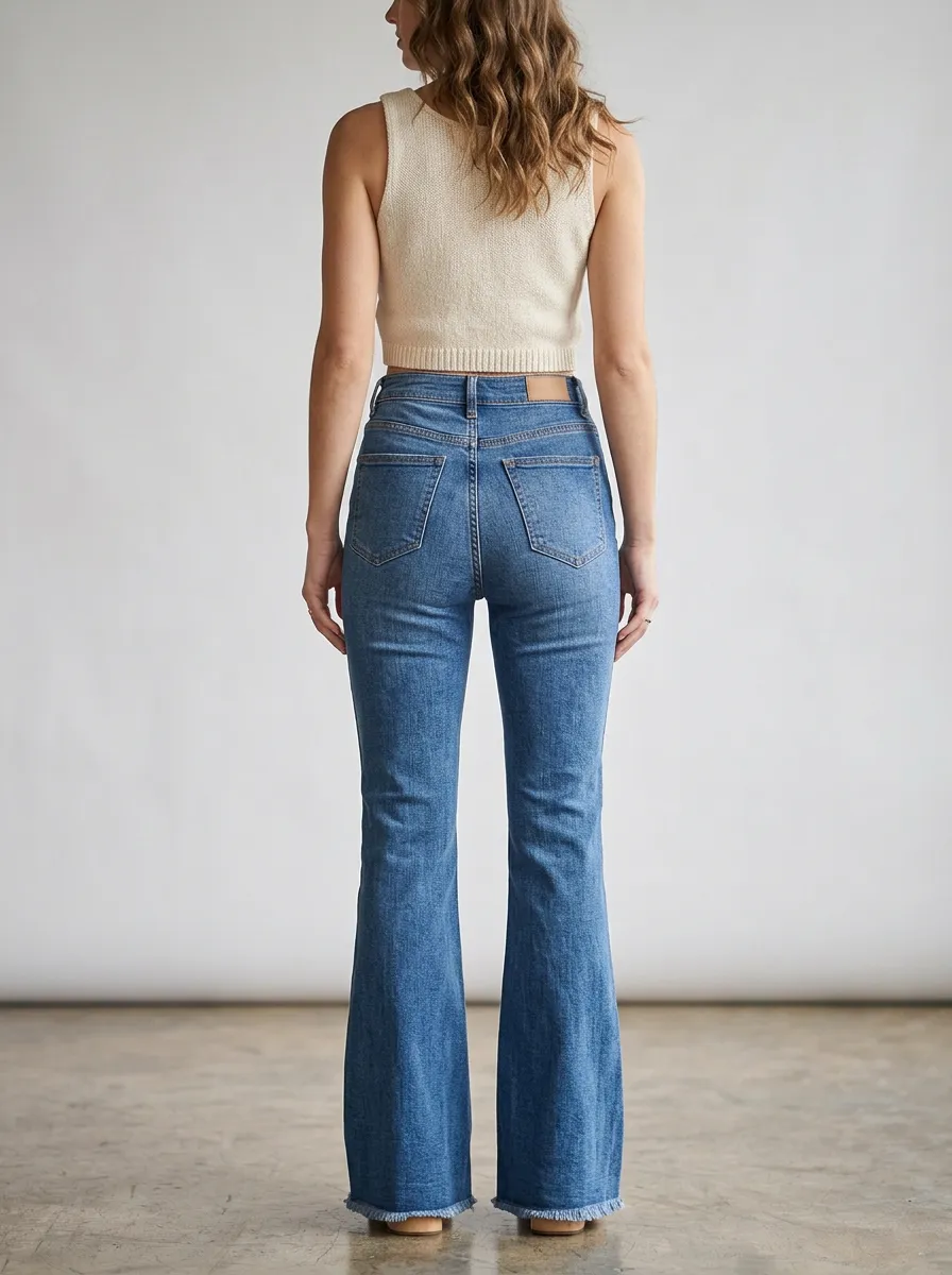 Women's High-Waisted Vintage Wash Raw Hem Flare Jeans