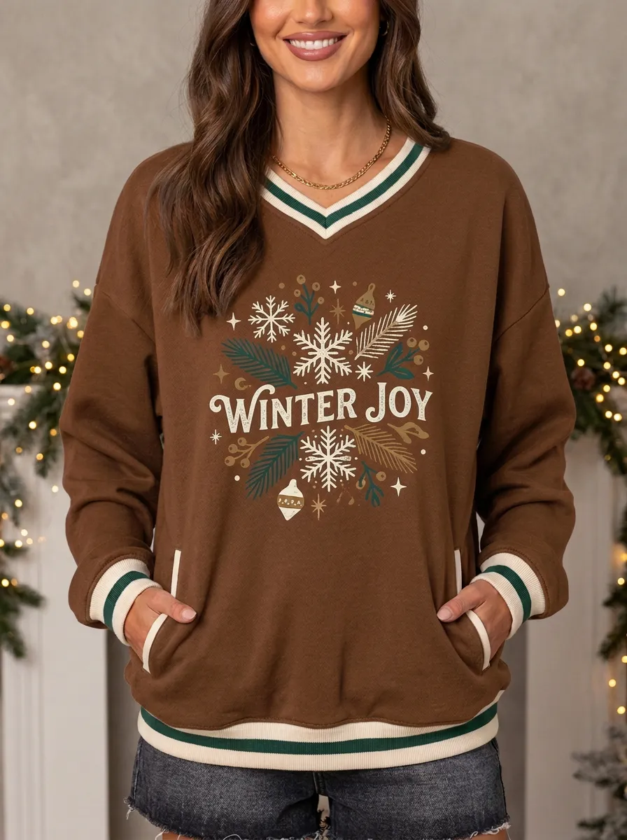 Christmas Winter Joy Snowflake Print V-Neck Sweatshirt
