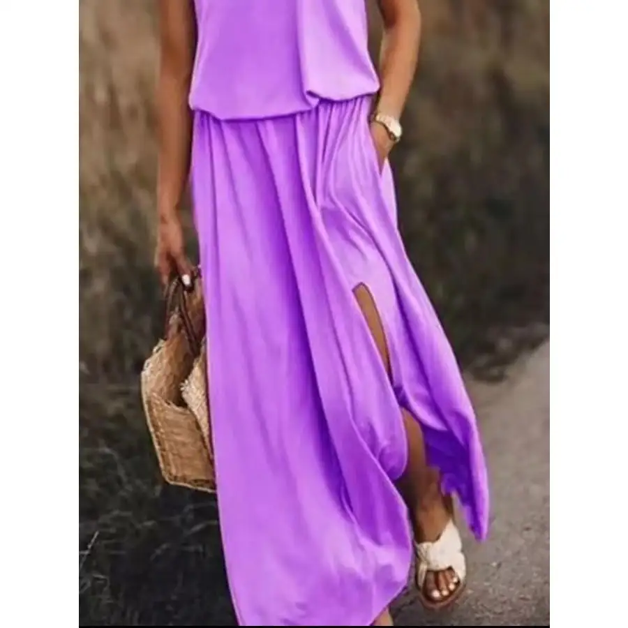 Full Size Round Neck Sleeveless Slit Maxi Dress Plus Size