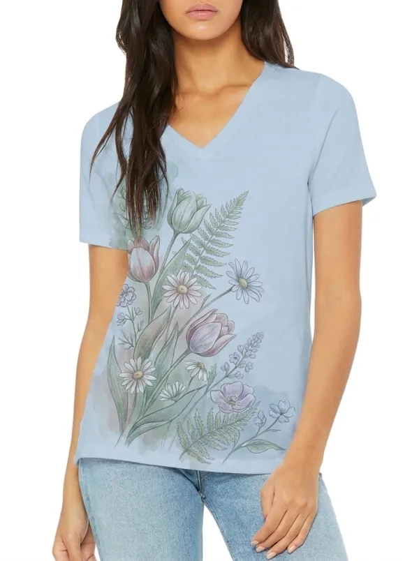 Women's Floral Nature Lover Watercolor Tulip Daisy Printed V-neck T-shirt