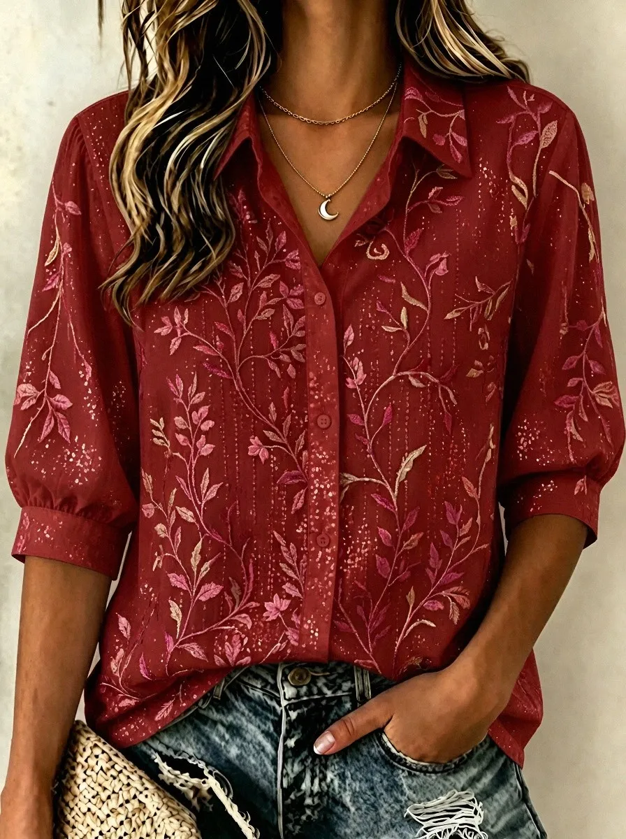 Women's Breast Cancer Awareness Pink Floral Vine Printed Button-Down Shirt