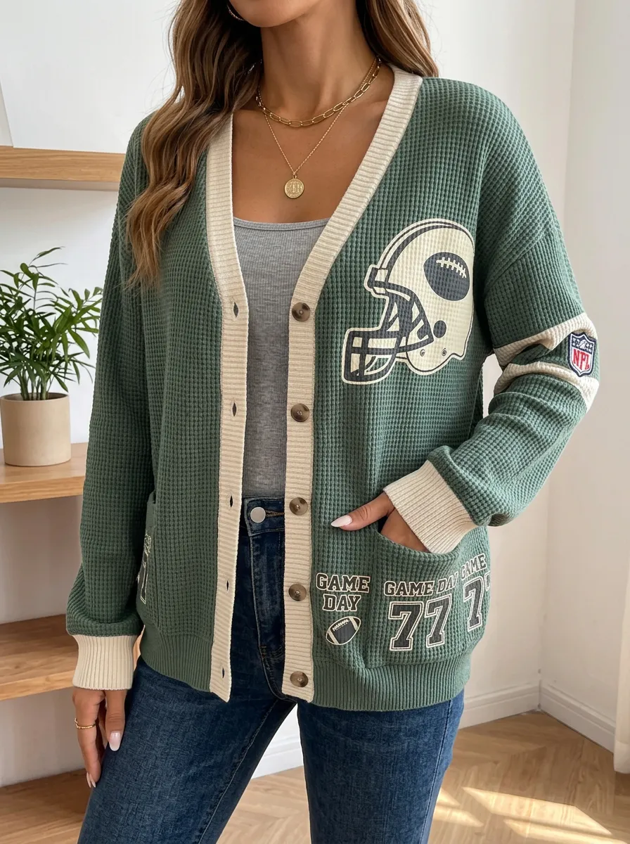 Women's Gridiron Football Fan Game Day Helmet Printed Waffle Cardigan