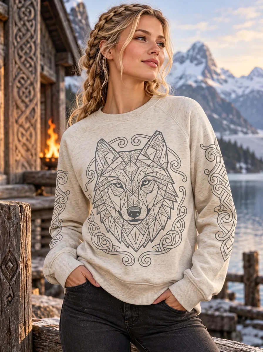 Women's Viking-Inspired Wolf Geometric Graphic Sweatshirt