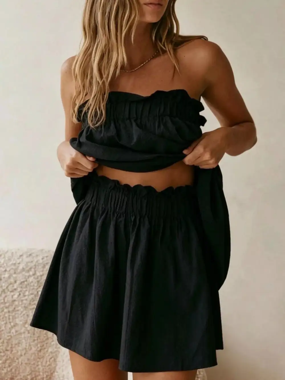 Polished Strapless Top And High-Waisted Skirt Set