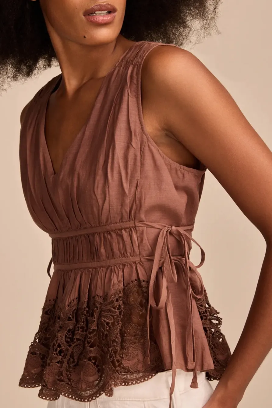 Deep V Neck Lace Ruched Tank Top