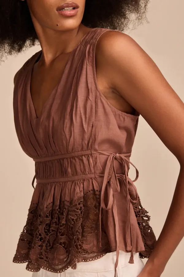 Deep V Neck Lace Ruched Tank Top