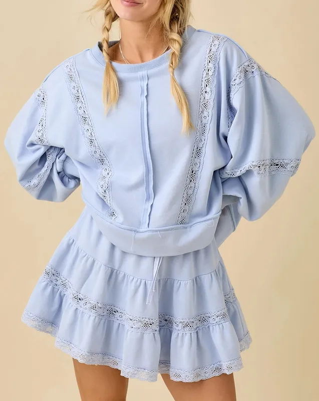 Blue Lace Cotton Blend Ruffle Skirts