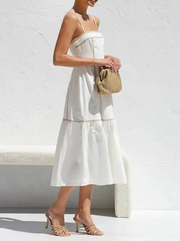 Contrast Trim Adjustable Straps Midi Dress