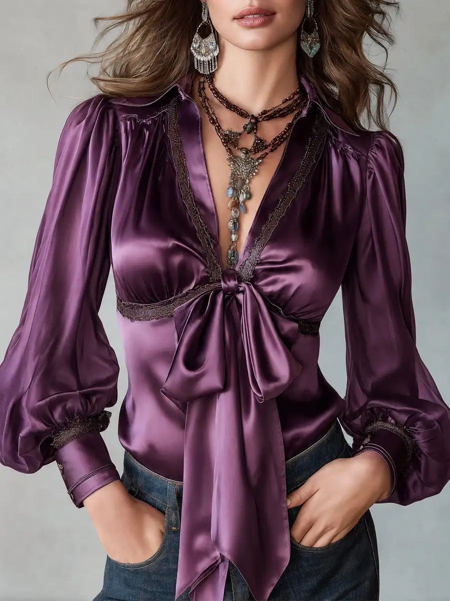Boho Satin Silk Tie-Neck Blouse With Lantern Sleeve
