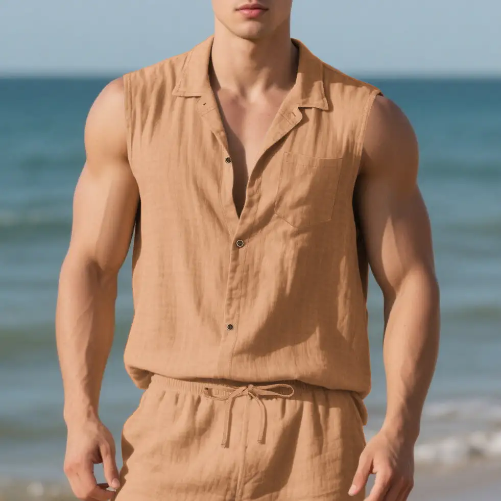 Men's Sleeveless Linen Shirt With Lapel Collar Chest Pocket And Continuous Button Placket