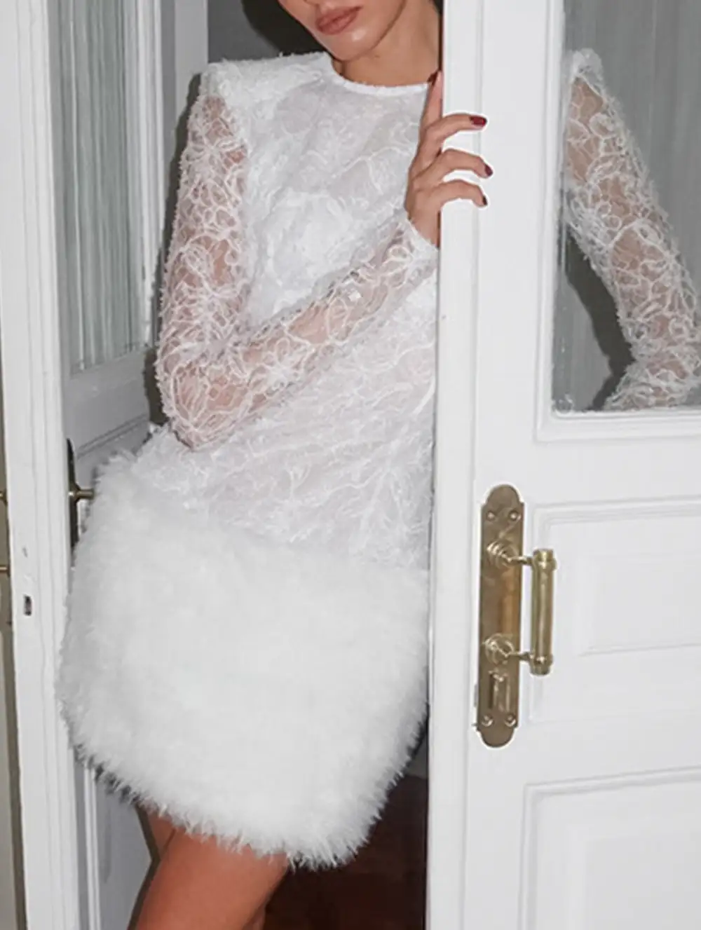 Lace Patchwork Fuzzy Bodycon Mini Dress